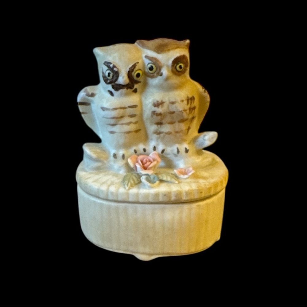 Vintage Porcelain Owl Figurine with Floral Detail. Vintage Jewelry Holder. EUC